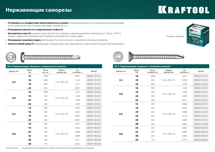 Нержавеющие саморезы DS-P с полукруглой головкой, коробка 300931-48-016 купить в Кургане