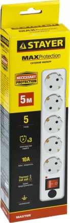 Сетевой фильтр STAYER "MASTER" электрический, 5 гнезд, макс. мощн. 2200 Вт, 5м 55066-5 купить в Кургане
