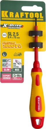Отвертка KRAFTOOL, высоковольтная, Cr-Mo-V стержень, двухкомпонент. маслобензостойкая рукоятка, SL, 2,5х75мм 250083-2.5-075 купить в Кургане