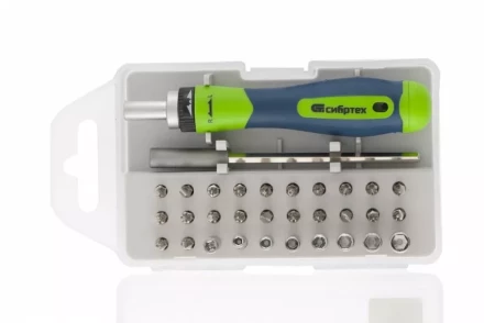 Отвертка реверсивная Сибртех с набором бит и торцевых головок 26 шт CrV чехол 13376 купить в Кургане