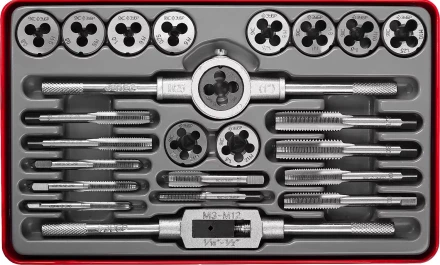 Набор ЗУБР &quot;ЭКСПЕРТ&quot; с металлореж. инструментом, метчики однопроходные и плашки М5-М12, оснастка-в метал. боксе, 24пред. 28116-H24 купить в Кургане