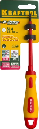 Отвертка KRAFTOOL, высоковольтная, Cr-Mo-V стержень, двухкомпонент. маслобензостойкая рукоятка, SL, 4,0х100мм 250083-4.0-100 купить в Кургане