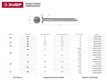 Гвозди толевые, оцинкованные в п/э пакете, 2,5x32мм, 65шт 3061-25-32 купить в Кургане