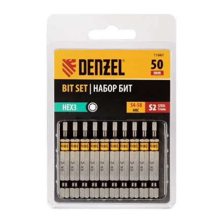 Бита HEX 3х50, сталь S2, шестигранный профиль, 10 шт. Е 6,3 Denzel 11661 купить в Кургане
