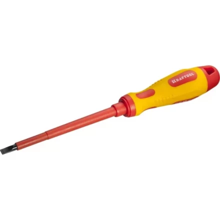 Отвертка KRAFTOOL, высоковольтная, Cr-Mo-V стержень, двухкомпонент. маслобензостойкая рукоятка, SL, 5,5х125мм 250083-5.5-125 купить в Кургане