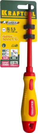 Отвертка KRAFTOOL, высоковольтная, Cr-Mo-V стержень, двухкомпонент. маслобензостойкая рукоятка, SL, 5,5х125мм 250083-5.5-125 купить в Кургане