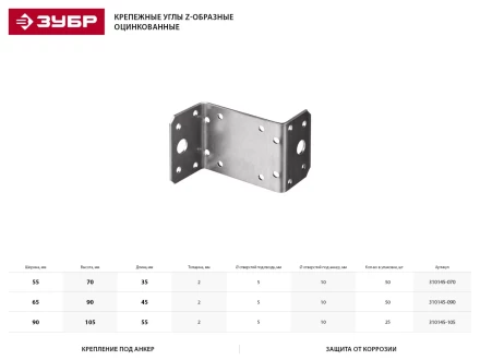 Крепежный угол ЗУБР &quot;МАСТЕР&quot; Z-образный, 65х90х45мм, 50шт 310145-090 купить в Кургане