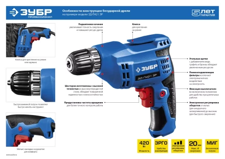 Дрель реверсивная ЗД-П421 ЭР серия ПРОФЕССИОНАЛ купить в Кургане