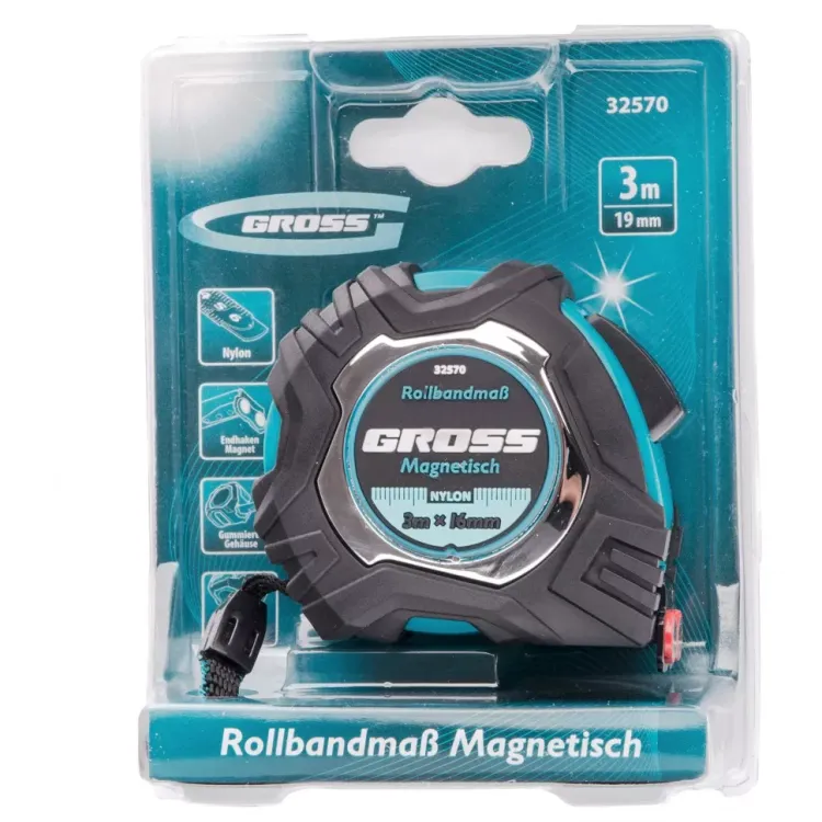 Рулетка Magnetisch 3 м х 16 мм обрезиненный корпус автоматическая фиксация Нейлоновое покрытиеытие зацеп с магнитом Gross 32570 купить в Кургане