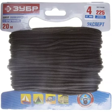Шнур ЗУБР полиамидный, плетеный, повышенной нагрузки, с сердечником, черный, d 4, 20м 50311-04-020 купить в Кургане
