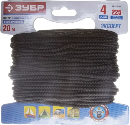 Шнур ЗУБР полиамидный, плетеный, повышенной нагрузки, с сердечником, черный, d 4, 20м 50311-04-020 купить в Кургане