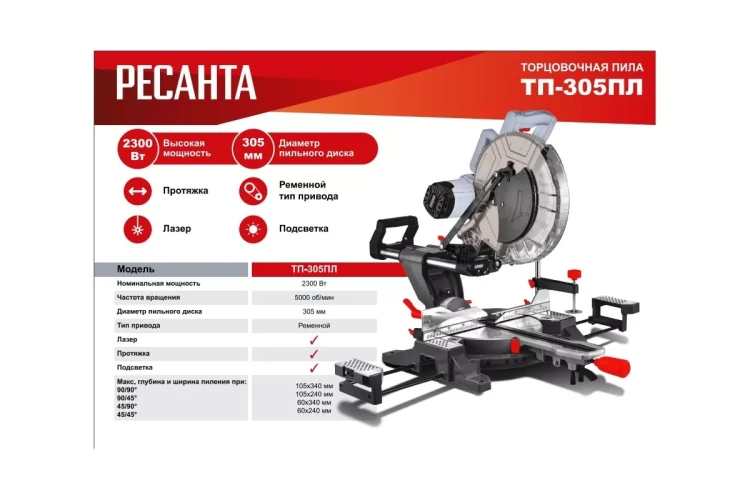 Торцовочная пила Ресанта ТП-305ПЛ 75/18/6 купить в Кургане