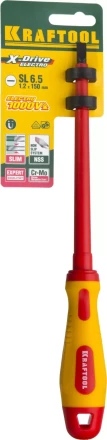 Отвертка KRAFTOOL, высоковольтная, Cr-Mo-V стержень, двухкомпонент. маслобензостойкая рукоятка, SL, 6,5х150мм 250083-6.5-150 купить в Кургане