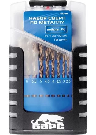 Набор сверл по металлу 1-10 мм через 0,5 мм 19 шт Р6М5 вышлифованный цилиндрический хвостовик БАРС 72374 купить в Кургане