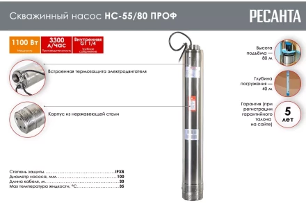 Скважинный насос Ресанта НС-55/80 ПРОФ 77/3/2 купить в Кургане