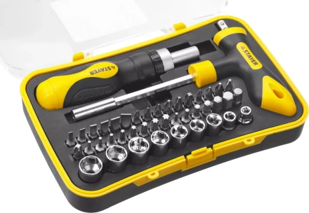 Набор STAYER &quot;MASTER&quot; &quot;HERCULES&quot;: Отвертка реверсивная, Т-образная отвертка-битодержатель, адаптер для торц голов, 43 предм 25084-H43 купить в Кургане