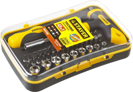 Набор STAYER &quot;MASTER&quot; &quot;HERCULES&quot;: Отвертка реверсивная, Т-образная отвертка-битодержатель, адаптер для торц голов, 43 предм 25084-H43 купить в Кургане