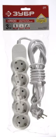 Удлинитель ЗУБР &quot;МАСТЕР&quot; электрический, ПВС сечение 1кв мм, заземл, 5 гнезд, макс мощн 3500Вт, 3м 55058-3 купить в Кургане