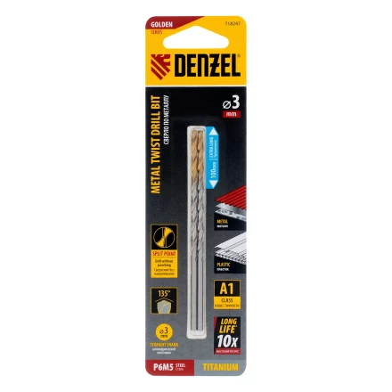 Сверло спиральное по металлу 3 х 100 мм, Р6М5, Golden Tip, удлиненное, 2шт. Denzel 718247 купить в Кургане