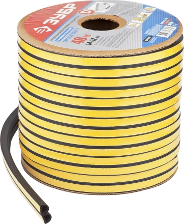 ЗУБР 40 м, D-профиль, размер 14 х 12 мм, черный, самоклеящийся промышленный резиновый уплотнитель, Профессионал (40950-14-40) купить в Кургане