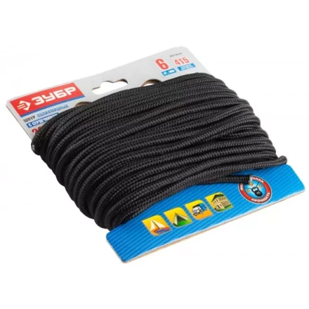 Шнур ЗУБР полиамидный, плетеный, повышенной нагрузки, с сердечником, черный, d 6, 20м 50311-06-020 купить в Кургане