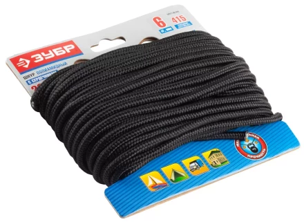 Шнур ЗУБР полиамидный, плетеный, повышенной нагрузки, с сердечником, черный, d 6, 20м 50311-06-020 купить в Кургане