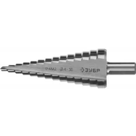 Сверло ЗУБР &quot;МАСТЕР&quot; ступенчатое по сталям и цвет.мет., быстрорежущая сталь, d=4-30мм, 14ступ.d=4-30, L-100мм, трехгран. хв.10мм 29665-4-30-14 купить в Кургане