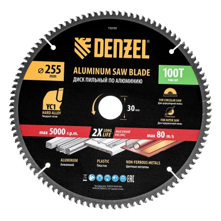 Пильный диск по алюминию ф255 х 30 мм, 100 зубьев// Denzel 733797 купить в Кургане