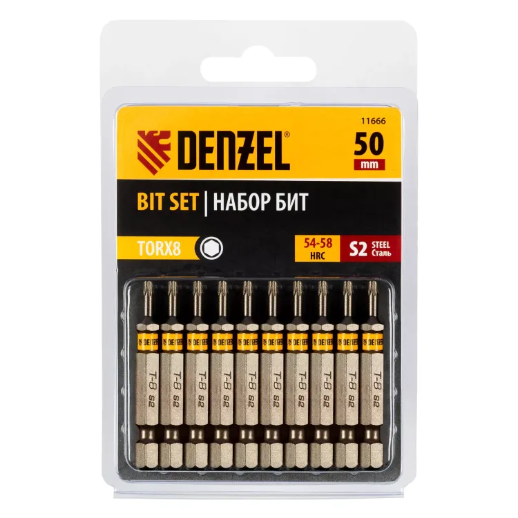 Бита TX 8х50, сталь S2, шестигранный профиль, 10 шт. Е 6,3 Denzel 11666 купить в Кургане