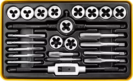 Набор метчиков и плашек STAYER &quot;MASTER&quot;, метчикодержатель 1шт, плашкодержатель 1шт, метчики 11шт, плашки 11шт, 24 предмета 28020-H24 купить в Кургане