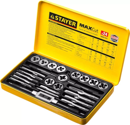 Набор метчиков и плашек STAYER &quot;MASTER&quot;, метчикодержатель 1шт, плашкодержатель 1шт, метчики 11шт, плашки 11шт, 24 предмета 28020-H24 купить в Кургане