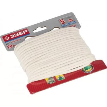 Шнур ЗУБР хлопковый плетеный, натуральный, без сердечника, d=5, 20 м, 45 кгс, 9,5 ктекс 50350-05-020 купить в Кургане