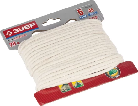 Шнур ЗУБР хлопковый плетеный, натуральный, без сердечника, d=5, 20 м, 45 кгс, 9,5 ктекс 50350-05-020 купить в Кургане