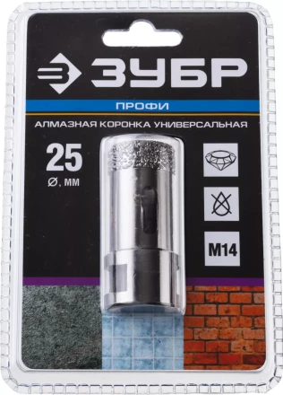 Алмазная коронка ЗУБР &quot;ПРОФЕССИОНАЛ&quot; универсальная для УШМ, сухое сверление, алмазы на вакуумной пайке,  посадка М14, d=25мм 29865-25 купить в Кургане