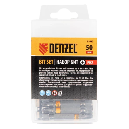 Бита PH2х50, сталь легированная S2, 30 шт., шестигранный профиль, пластиковая коробка, Е 6,3 Denzel 11682 купить в Кургане