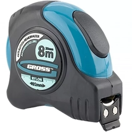 Рулетка &quot;Schlagfest&quot; 8 м x 25 мм магн. обрез зацеп двухст. шкала нейлон покр. автоматич  GROSS 31114 купить в Кургане
