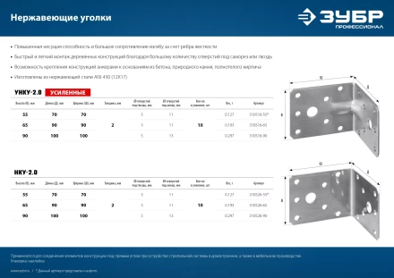 ЗУБР НКУ-2.0, 90 x 100 x 100 x 2 мм, нержавеющий крепежный уголок, Профессионал (310526-90) купить в Кургане