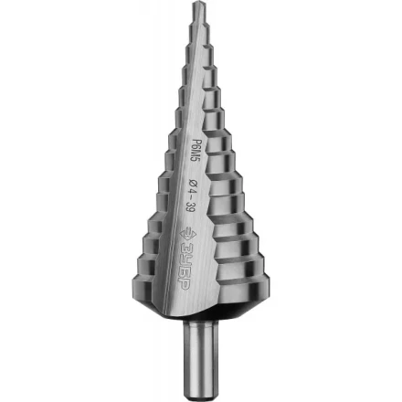 Сверло ЗУБР ступенчатое по сталям и цвет.мет.ст.Р6М5,d4- 39мм,14ступ.d4-39,L -113 мм, трехгран.хв. 10мм 29670-4-39-14 купить в Кургане