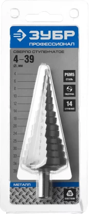 Сверло ЗУБР ступенчатое по сталям и цвет.мет.ст.Р6М5,d4- 39мм,14ступ.d4-39,L -113 мм, трехгран.хв. 10мм 29670-4-39-14 купить в Кургане