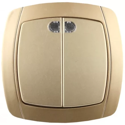 Выключатель СВЕТОЗАР &quot;АКЦЕНТ&quot; двухклавишный в сборе, с подсветкой, цвет золотой металлик, 10А/~250В SV-54235-GM купить в Кургане