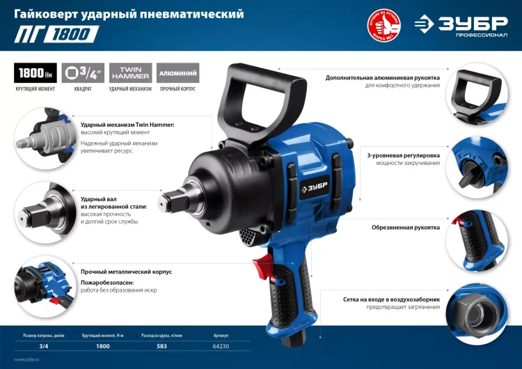 Ударный пневмогайковерт ПГ-1800 64230 серия ПРОФЕССИОНАЛ купить в Кургане