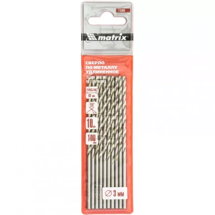 Сверло по металлу 3,0 х 100 мм полированное удлиненное HSS 10 штук цилиндрический хвостовик MATRIX 715030 купить в Кургане