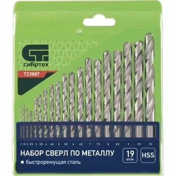 Набор сверл по металлу 1-10 мм через 0,5 мм HSS 19 штук ,пластик.коробка цил. хвостовик СИБРТЕХ 723887 купить в Кургане