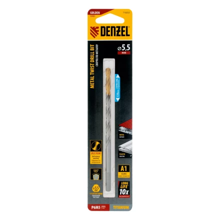 Сверло спиральное по металлу Denzel 5,5 х 139 мм, Р6М5, Golden Tip, удлиненное, 718255 купить в Кургане