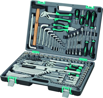 Набор инструментов, 1/2 и 3/8 и 1/4   CrV пластиковый кейс 142 предметов STELS 14107 купить в Кургане