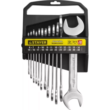 Набор: Ключ STAYER &quot;PROFI&quot; гаечный рожковый, Cr-V сталь, хромированный, 6-32мм, 12шт 27037-H12 купить в Кургане