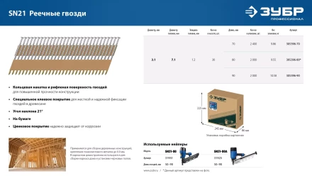 ЗУБР SN21 90 х 3.1 мм, реечные гвозди рифленые оцинкованные, 2010 шт(305396-90) купить в Кургане