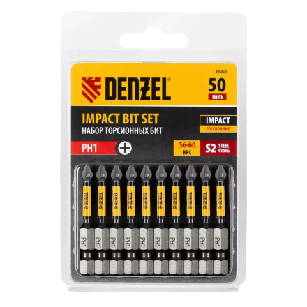 Бита IMPACT, PH1x50 мм, лазерная обработка шлица, сталь S2, 10 шт., Е 6,3 Denzel 11688 купить в Кургане