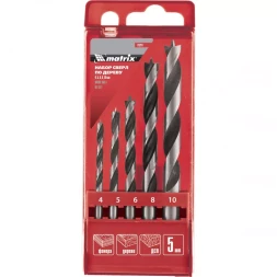 Набор сверл по дереву 4-5-6-8-10мм цилиндрический хвостовик пластиковый кейс MATRIX 70281