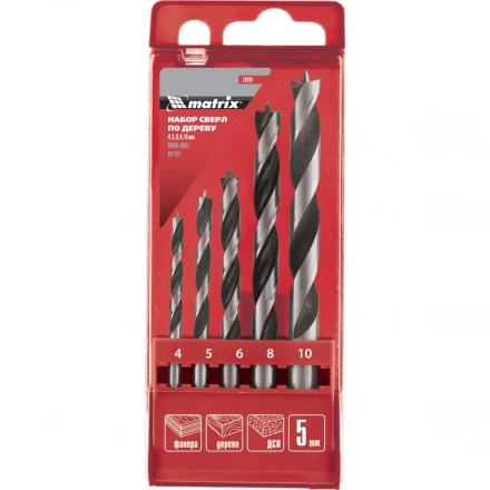 Набор сверл по дереву 4-5-6-8-10мм  цилиндрический хвостовик пластиковый кейс MATRIX 70281 купить в Кургане